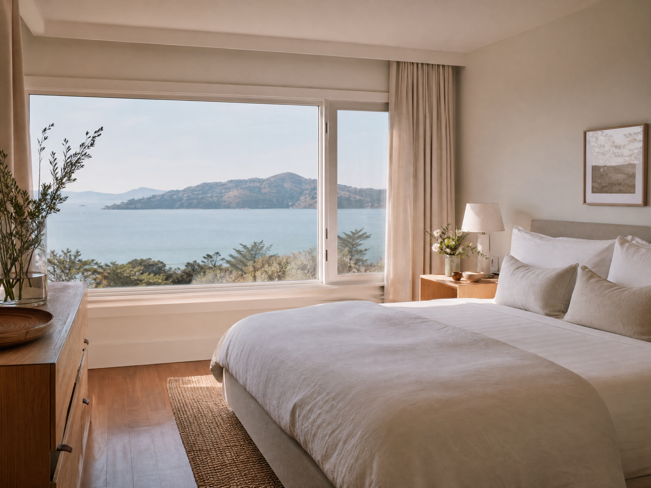 Beautifully cleaned vacation rental bedroom in Tiburon with San Francisco Bay and Angel Island views