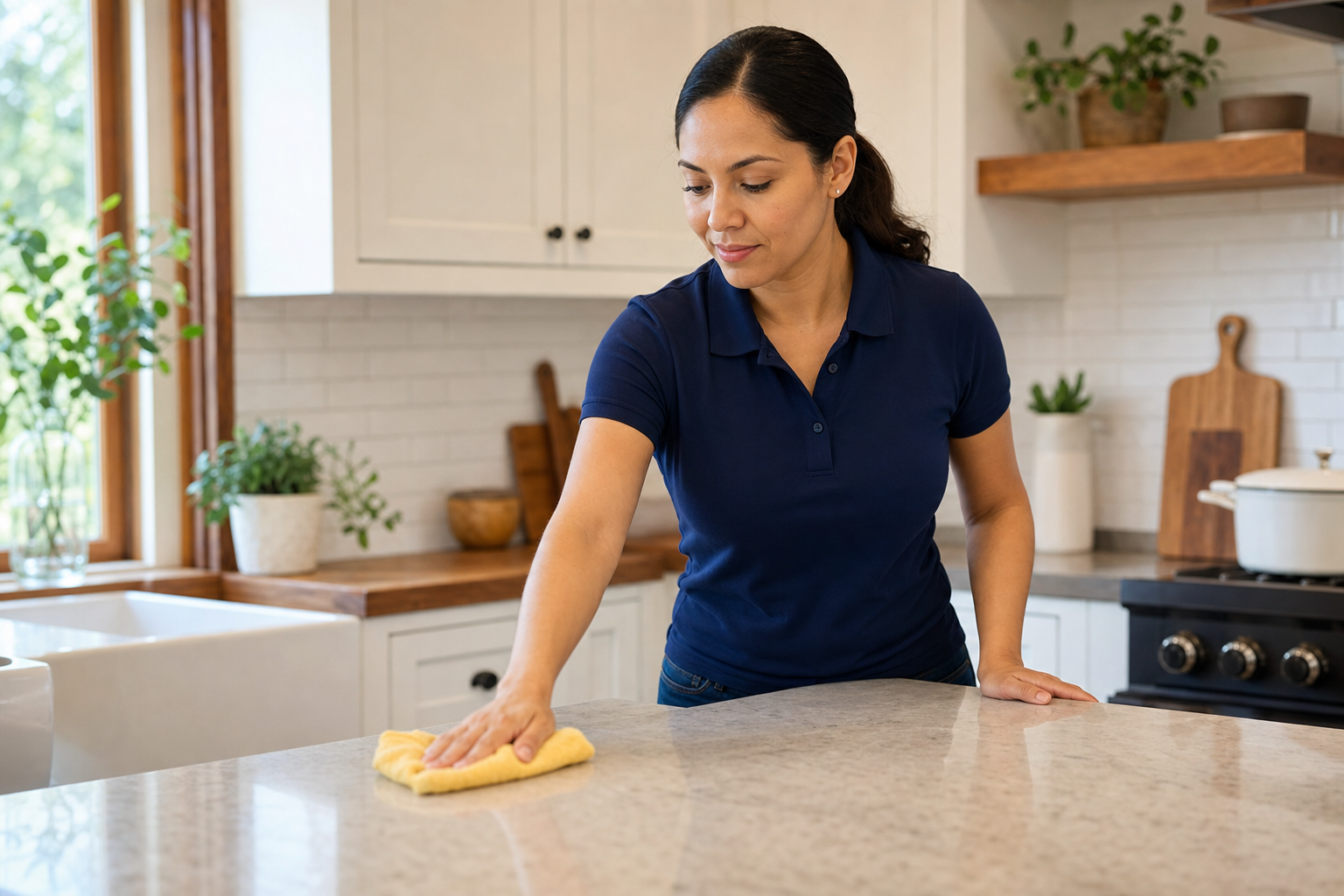 Green Planet Cleaning professional cleaning a Marin County kitchen with a yellow microfiber cloth