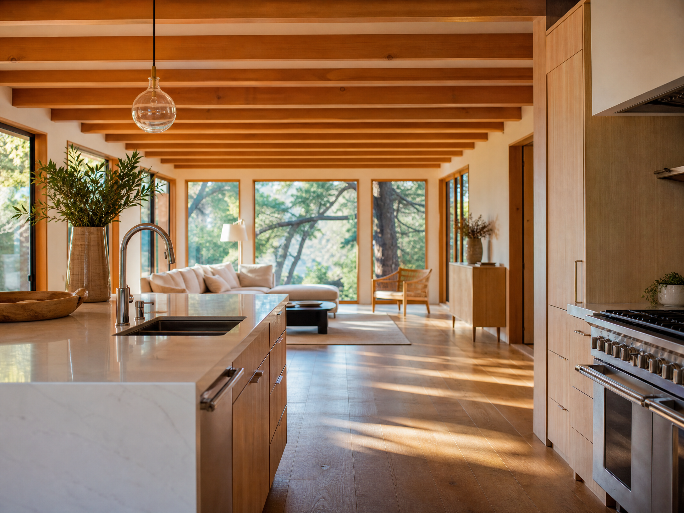 Freshly post-construction cleaned craftsman kitchen and living area in Marin County with gleaming hardwood floors and redwood views