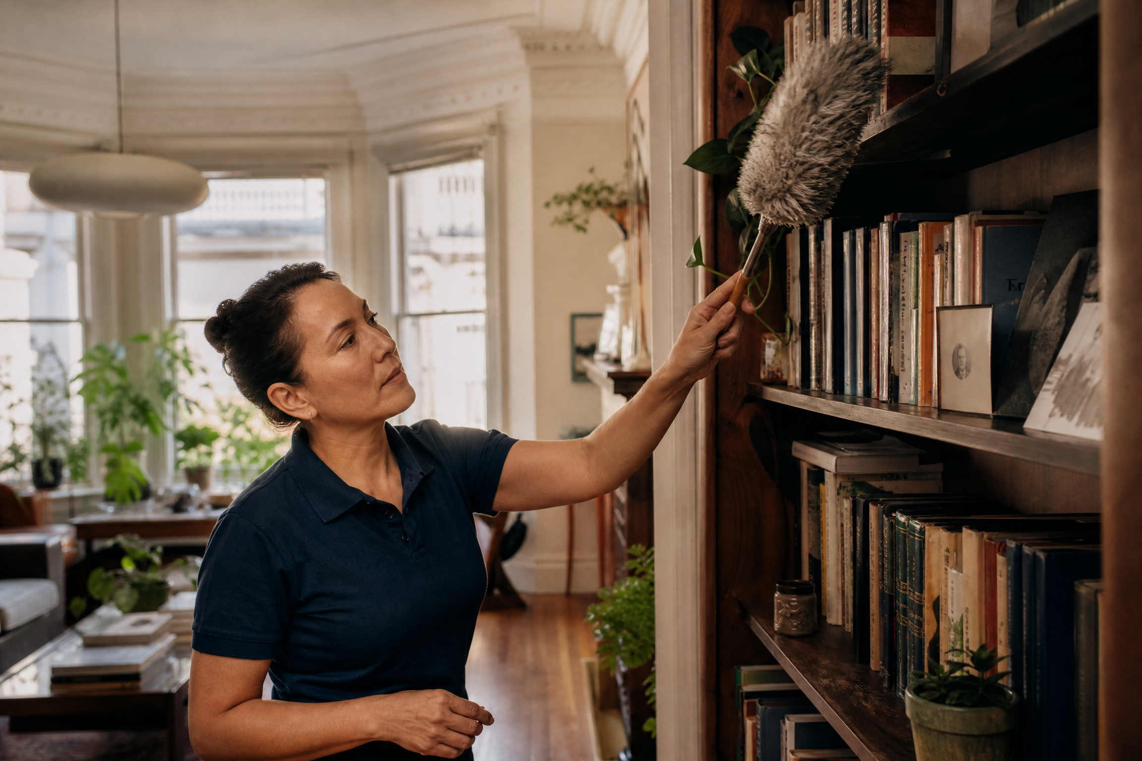 Professional cleaner in navy polo carefully dusting bookshelves in a warm San Francisco home with Victorian bay windows