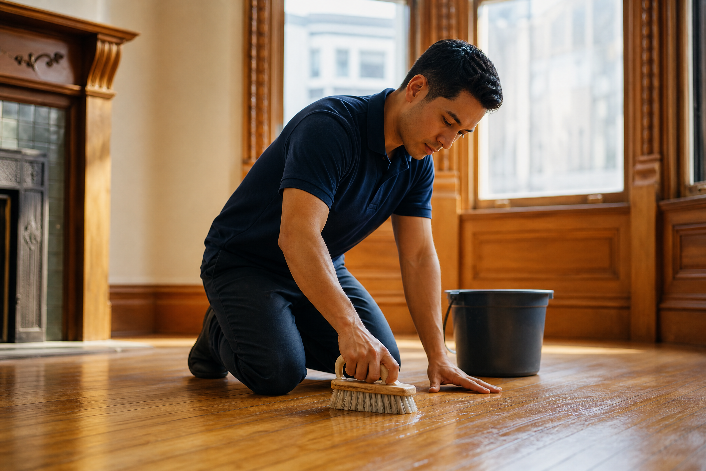 Professional cleaner in navy polo scrubbing hardwood floors in a San Francisco Victorian home with bay windows