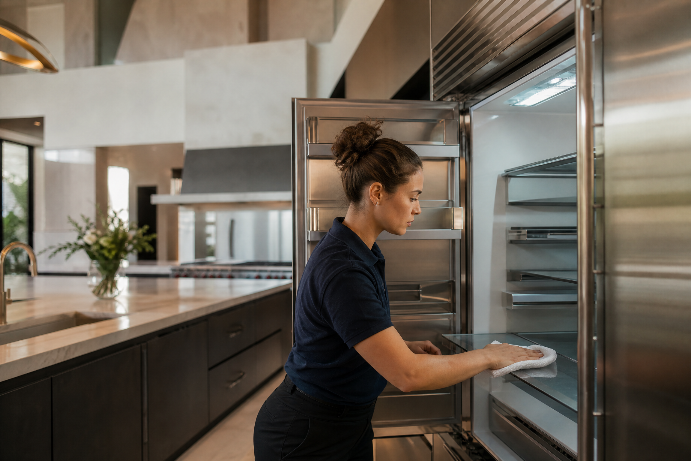 Professional cleaner in navy polo wiping inside a stainless steel refrigerator in a premium kitchen