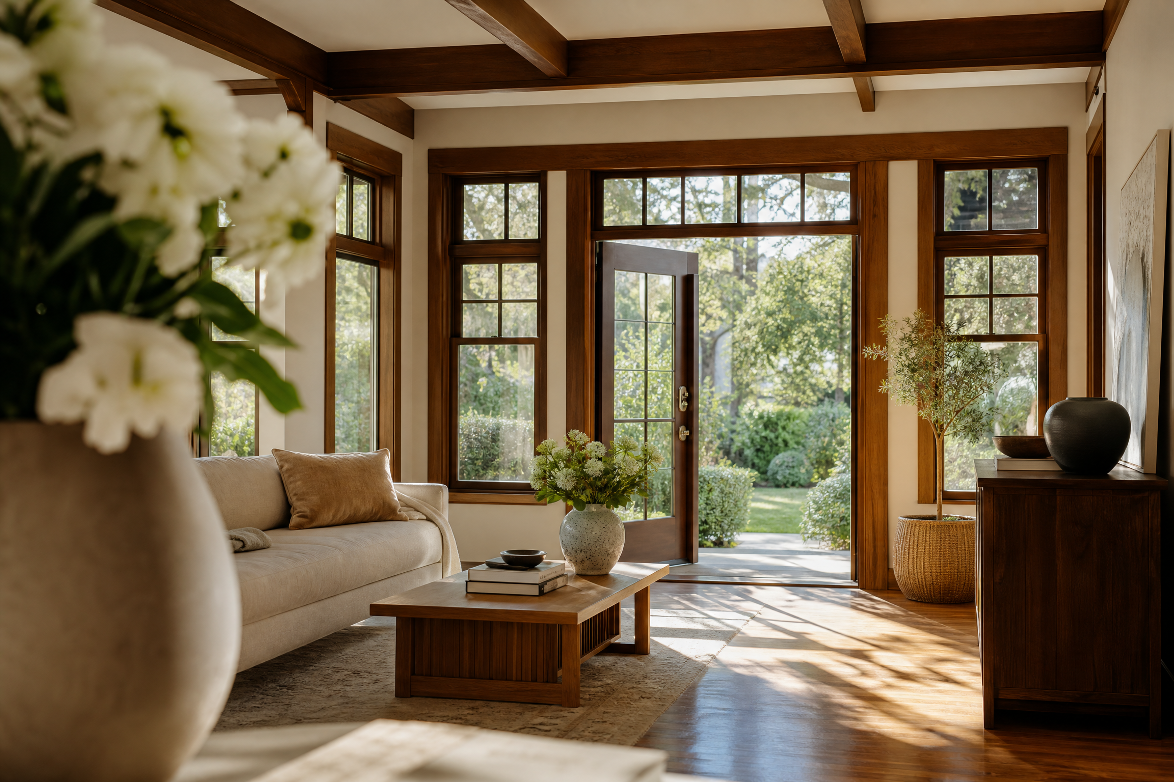 Beautifully cleaned Larkspur California craftsman home with warm wood floors and garden views