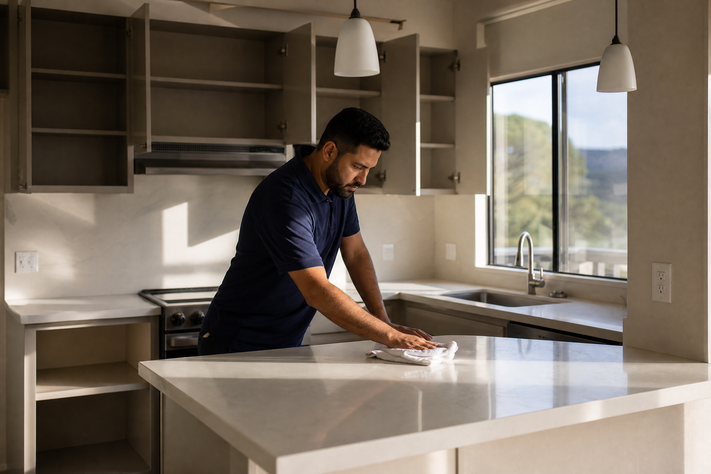 Professional cleaner wiping down empty kitchen countertops in a Corte Madera apartment during move-out cleaning